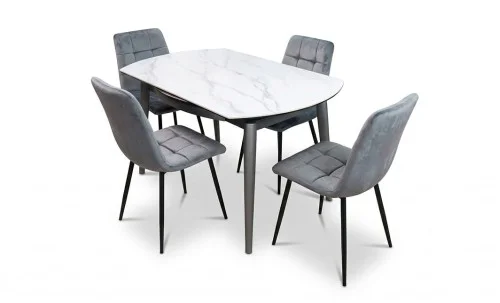 Set Masă Living Extensibilă CT106 Blat Ceramic Alb cu 4 Scaune KJC37 Gri