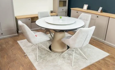 Set Masă Living Extensibilă CT163 Blat Ceramic Alb cu 4 Scaune DCM0108CS Gri Deschis