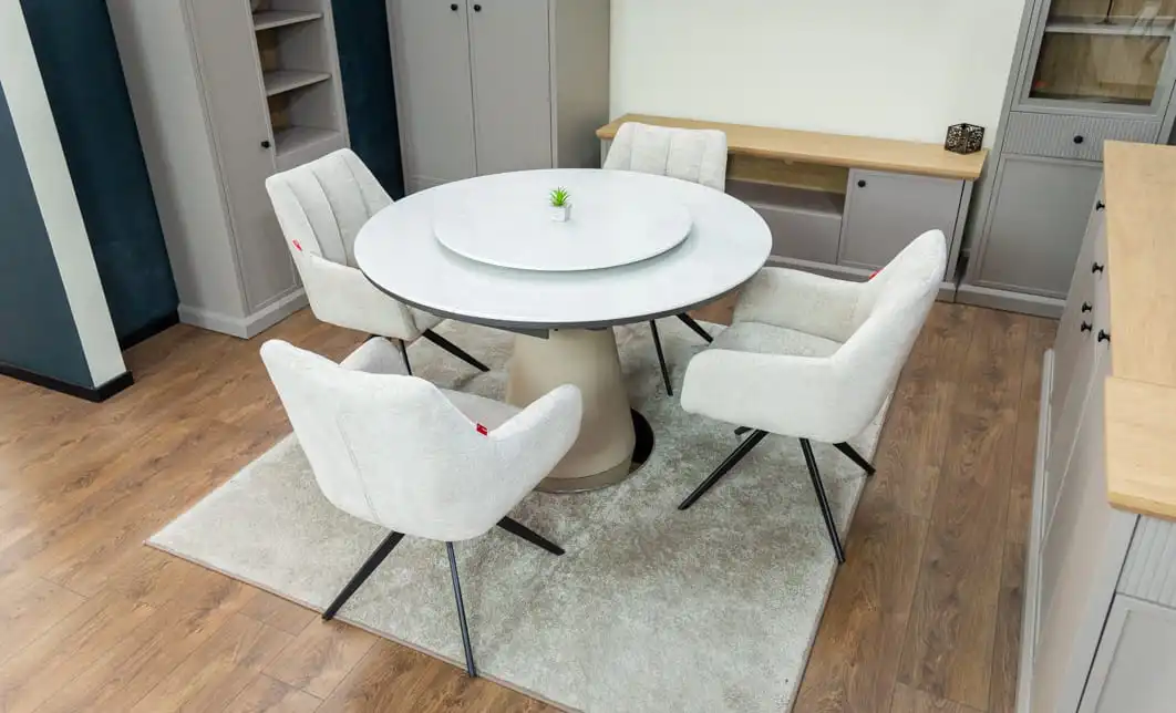Set Masă Living Extensibilă CT163 Blat Ceramic Alb cu 4 Scaune Rotative DCM0112AS Bej 7