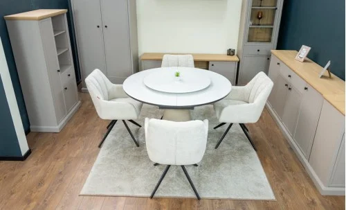 Set Masă Living Extensibilă CT163 Blat Ceramic Alb cu 4 Scaune Rotative DCM0112AS Bej
