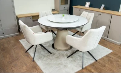 Set Masă Living Extensibilă CT163 Blat Ceramic Alb cu 4 Scaune Rotative DCM0112AS Bej