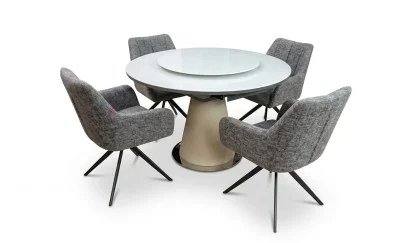 Set Masă Living Extensibilă CT163 Blat Ceramic Alb cu 4 Scaune Rotative DCM0112AS Gri Deschis