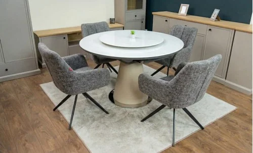 Set Masă Living Extensibilă CT163 Blat Ceramic Alb cu 4 Scaune Rotative DCM0112AS Gri Deschis