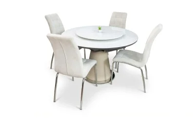 Set Masă Living Extensibilă CT163 Blat Ceramic Alb cu 4 Scaune Tapițate F630 Bej