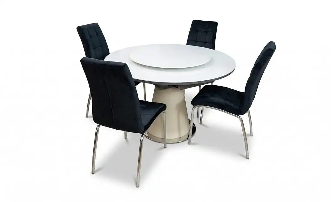 Set Masă Living Extensibilă CT163 Blat Ceramic Alb cu 4 Scaune Tapițate F630 Negre 1