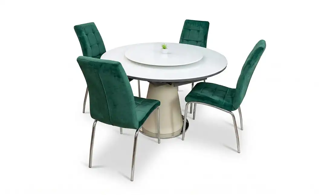 Set Masă Living Extensibilă CT163 Blat Ceramic Alb cu 4 Scaune Tapițate F630 Verzi 1