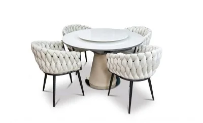 Set Masă Living Extensibilă CT163 Blat Ceramic Alb cu 4 Scaune KJC11 Bej