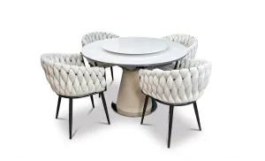 Set Masă Living Extensibilă CT163 Blat Ceramic Alb cu 4 Scaune KJC11 Bej