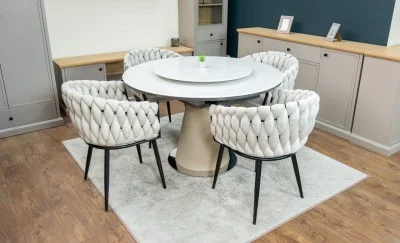 Set Masă Living Extensibilă CT163 Blat Ceramic Alb cu 4 Scaune KJC11 Bej