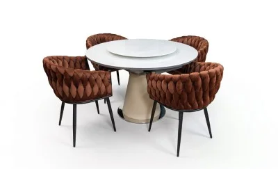 Set Masă Living Extensibilă CT163 Blat Ceramic Alb cu 4 Scaune KJC11 Maro