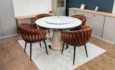 Set Masă Living Extensibilă CT163 Blat Ceramic Alb cu 4 Scaune KJC11 Maro