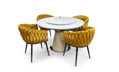 Set Masă Living Extensibilă CT163 Blat Ceramic Alb cu 4 Scaune KJC11 Muștar