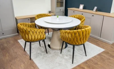 Set Masă Living Extensibilă CT163 Blat Ceramic Alb cu 4 Scaune KJC11 Muștar