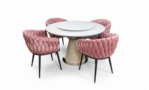 Set Masă Living Extensibilă CT163 Blat Ceramic Alb cu 4 Scaune KJC11 Roz