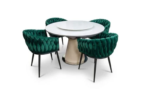 Set Masă Living Extensibilă CT163 Blat Ceramic Alb cu 4 Scaune KJC11 Verzi