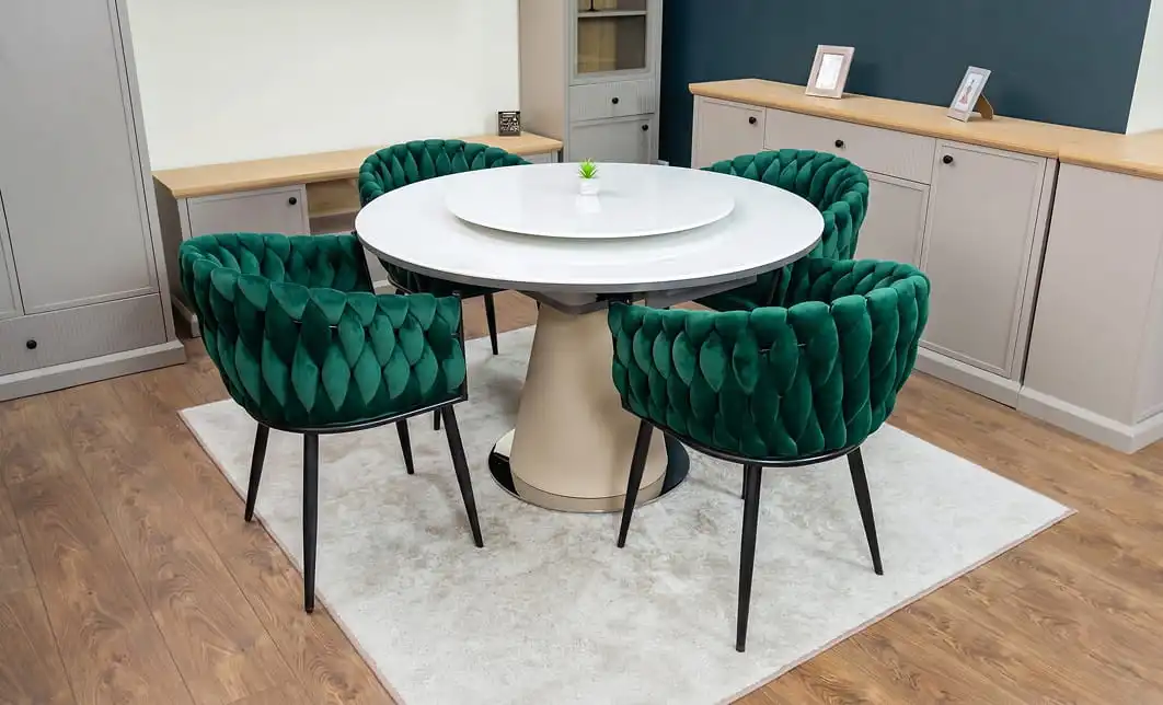 Set Masă Living Extensibilă CT163 Blat Ceramic Alb cu 4 Scaune KJC11 Verzi