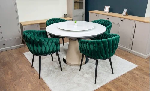 Set Masă Living Extensibilă CT163 Blat Ceramic Alb cu 4 Scaune KJC11 Verzi