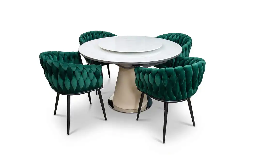 Set Masă Living Extensibilă CT163 Blat Ceramic Alb cu 4 Scaune KJC11 Verzi 1