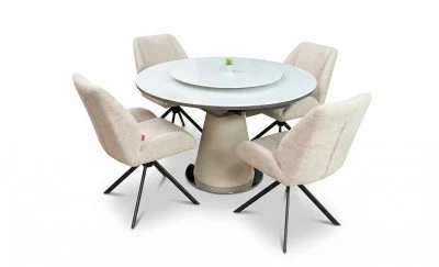 Set Masă Living Extensibilă CT163 Blat Ceramic Alb cu 4 Scaune Rotative KJC4347 Bej