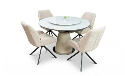 Set Masă Living Extensibilă CT163 Blat Ceramic Alb cu 4 Scaune Rotative KJC4347 Bej