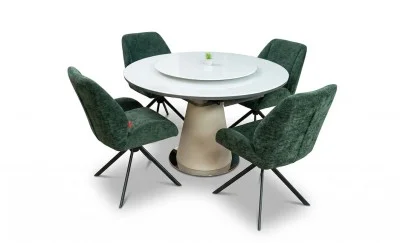 Set Masă Living Extensibilă CT163 Blat Ceramic Alb cu 4 Scaune Rotative KJC4347 Verzi