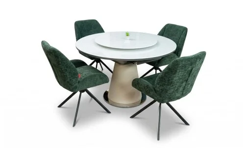 Set Masă Living Extensibilă CT163 Blat Ceramic Alb cu 4 Scaune Rotative KJC4347 Verzi