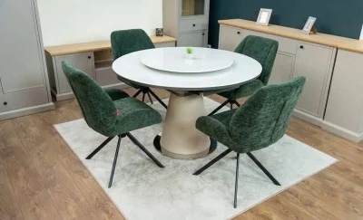 Set Masă Living Extensibilă CT163 Blat Ceramic Alb cu 4 Scaune Rotative KJC4347 Verzi