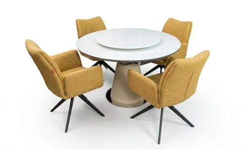 Set Masă Living Extensibilă CT163 Blat Ceramic Alb cu 4 Scaune Rotative KJC77 Galbene