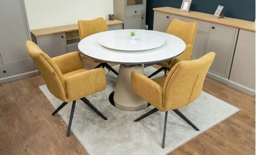 Set Masă Living Extensibilă CT163 Blat Ceramic Alb cu 4 Scaune Rotative KJC77 Galbene