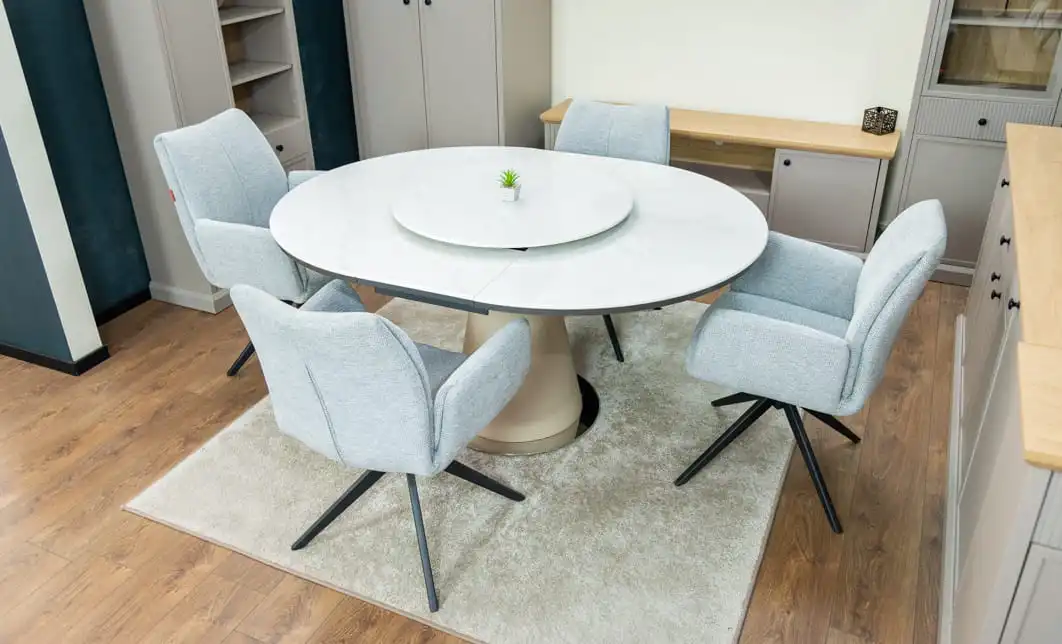 Set Masă Living Extensibilă CT163 Blat Ceramic Alb cu 4 Scaune Rotative KJC77 Gri Deschis 6
