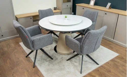 Set Masă Living Extensibilă CT163 Blat Ceramic Alb cu 4 Scaune Rotative KJC77 Gri Închis