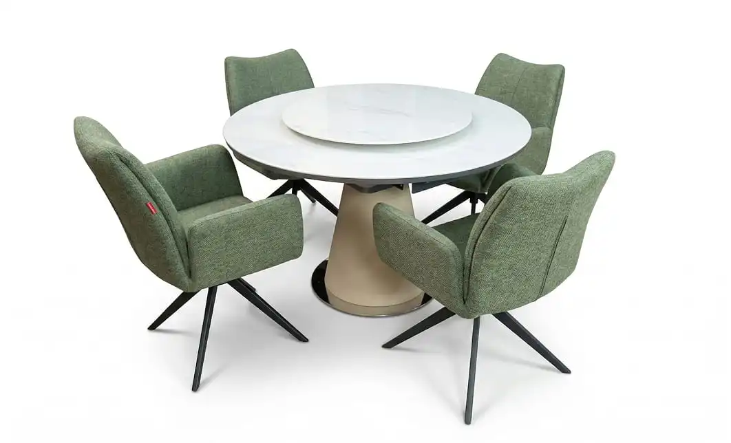 Set Masă Living Extensibilă CT163 Blat Ceramic Alb cu 4 Scaune Rotative KJC77 Verzi 1