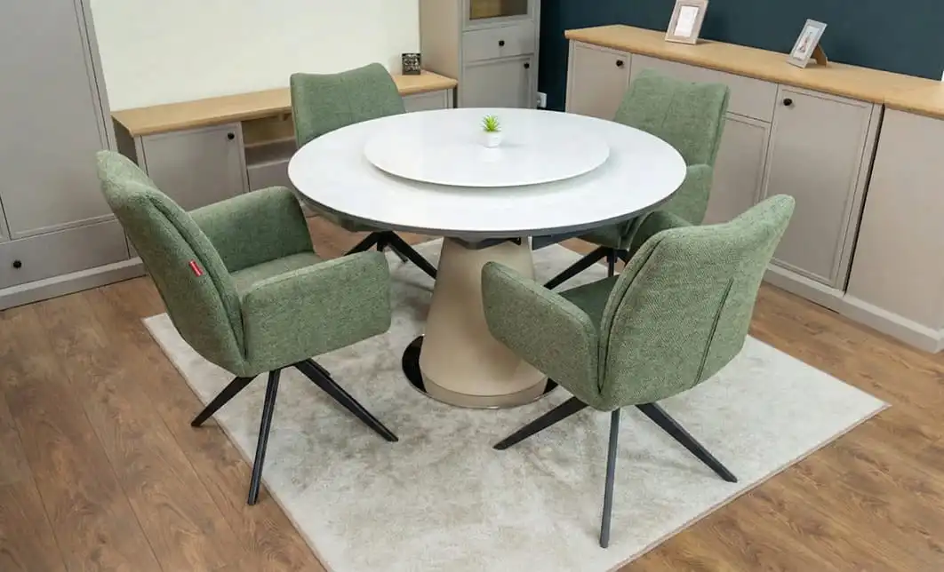 Set Masă Living Extensibilă CT163 Blat Ceramic Alb cu 4 Scaune Rotative KJC77 Verzi