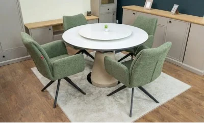 Set Masă Living Extensibilă CT163 Blat Ceramic Alb cu 4 Scaune Rotative KJC77 Verzi