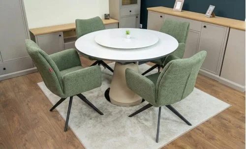 Set Masă Living Extensibilă CT163 Blat Ceramic Alb cu 4 Scaune Rotative KJC77 Verzi