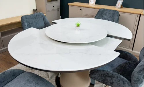 Set Masă Living Extensibilă CT163 Blat Ceramic Alb cu 4 Scaune DCM0104CS Gri