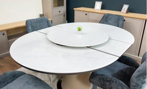 Set Masă Living Extensibilă CT163 Blat Ceramic Alb cu 4 Scaune DCM0104CS Gri