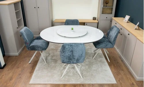 Set Masă Living Extensibilă CT163 Blat Ceramic Alb cu 4 Scaune DCM0104CS Gri