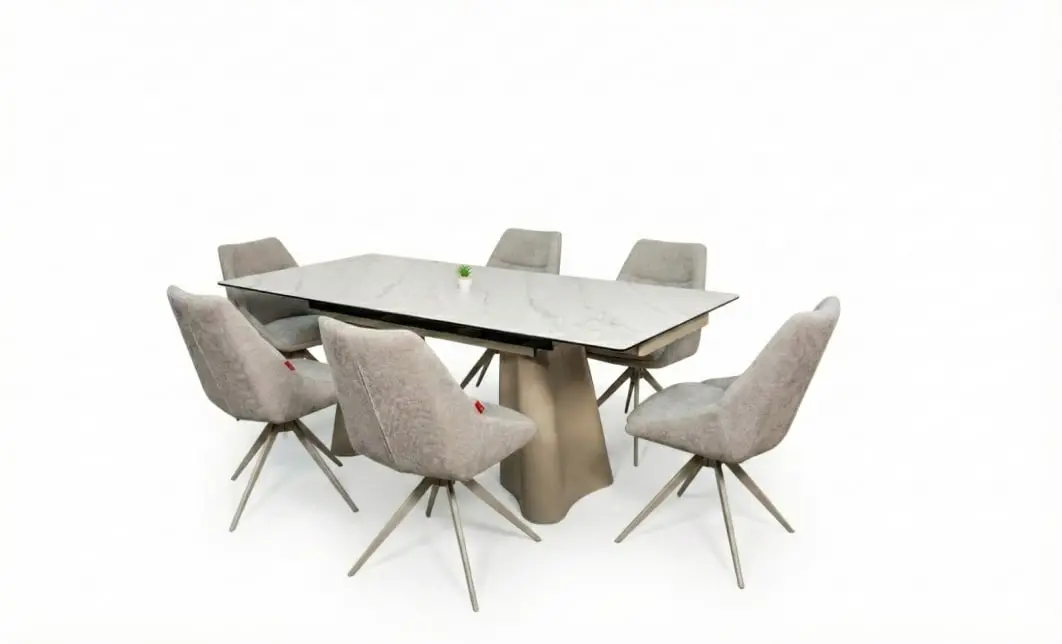 Set Masă Living Extensibilă Blat Ceramic Alb Marmura CT234 cu Set 6 Scaune DCM0108CS 2