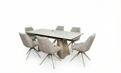 Set Masă Living Extensibilă Blat Ceramic Alb Marmura CT234 cu Set 6 Scaune DCM0108CS