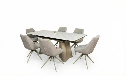 Set Masă Living Extensibilă Blat Ceramic Alb Marmura CT234 cu Set 6 Scaune DCM0108CS