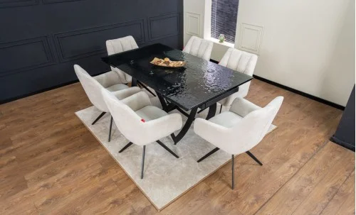 Set Masă Living Extensibilă CT241 Blat Sticlă Securizată Neagră cu 6 Scaune DCM0112AS Bej