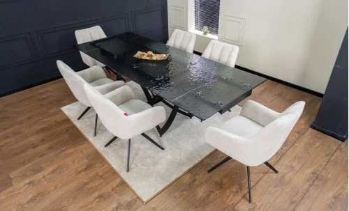 Set Masă Living Extensibilă CT241 Blat Sticlă Securizată Neagră cu 6 Scaune DCM0112AS Bej