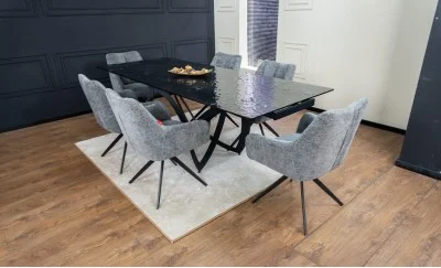 Set Masă Living Extensibilă CT241 Blat Sticlă Securizată Neagră cu 6 Scaune DCM0112AS Gri