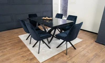 Set Masă Living Extensibilă CT241 Blat Sticlă Securizată Neagră cu 6 Scaune KJC356 Negre