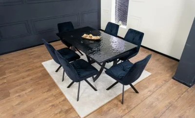 Set Masă Living Extensibilă CT241 Blat Sticlă Securizată Neagră cu 6 Scaune KJC356 Negre
