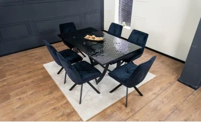 Set Masă Living Extensibilă CT241 Blat Sticlă Securizată Neagră cu 6 Scaune KJC356 Negre