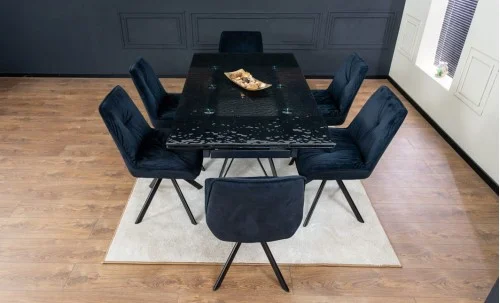 Set Masă Living Extensibilă CT241 Blat Sticlă Securizată Neagră cu 6 Scaune KJC356 Negre