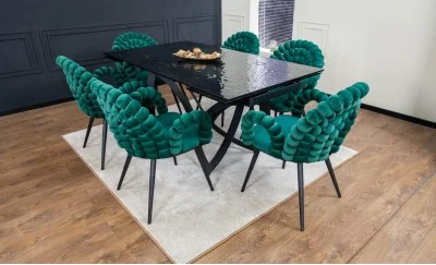 Set Masă Living Extensibilă CT241 Blat Sticlă Securizată Neagră cu 6 Scaune KJC376 Verzi