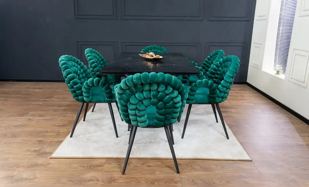 Set Masă Living Extensibilă CT241 Blat Sticlă Securizată Neagră cu 6 Scaune KJC376 Verzi 8